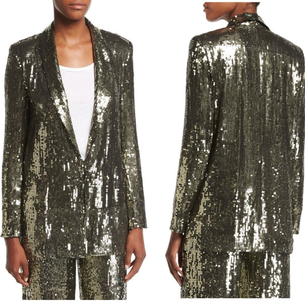 Alice + Olivia Jace Metallic Gold Sequin Shawl-Collar Oversized Blazer Sz S